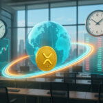 rading floor with floor-to-ceiling windows shows a glowing XRP coin orbiting a holographic globe between two floating panels—one a deep order book, the other a live futures chart—while twin wall clocks emphasize minute-scale inventory windows under crisp daylight and a soft, realistic glow.