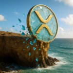 A massive glass-and-gold XRP coin juts from a sunlit sea cliff as bright teal shards tumble into the waves below, rendered in a wide 16:9 cinematic composition.