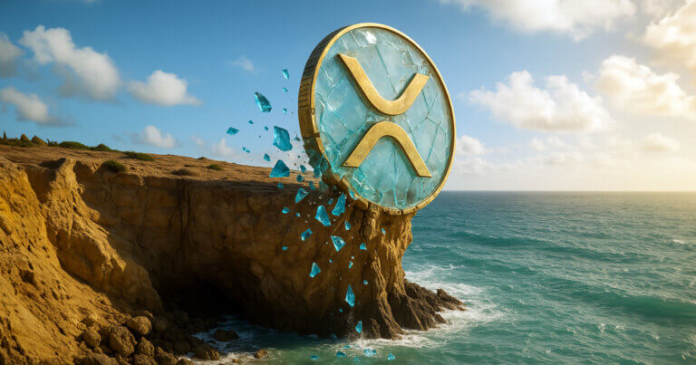 A massive glass-and-gold XRP coin juts from a sunlit sea cliff as bright teal shards tumble into the waves below, rendered in a wide 16:9 cinematic composition.