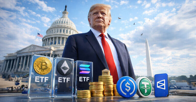 Donald Trump stands before the US Capitol beside Bitcoin, Ethereum, and Solana ETFs plus major stablecoins, symbolizing the standout crypto winners shaping 2025.