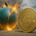 Golden Bitcoin coin standing firm beside an exploding circuit-covered sphere symbolizing an AI bubble bursting, illustrating the question of whether an AI market crash would hurt or benefit BTC.