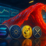 Solana, Cardano, Dogecoin, and XRP coins lined up on a trading floor in front of a crashing red wave and glowing price charts, symbolizing a surge of volatility as investors question whether stock trading has become the new equivalent to altcoin trading.