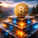 A glowing Bitcoin coin sits atop a pyramid of illuminated digital blocks in a mountain landscape, symbolizing a future where block height—not midnight—defines the New Year.