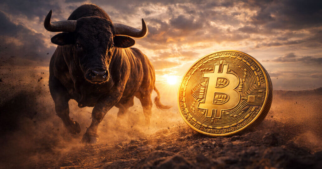 Charging bull kicking up dust beside a glowing Bitcoin coin at sunset, symbolizing rare capitulation before a powerful price rally toward 180k.