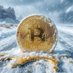 Bitcoin coin half-frozen and melting in a blizzard on an empty road, symbolizing Bitcoin’s sharp price slide and nearly $600M in liquidations in 24 hours as the crypto market suddenly sells off.