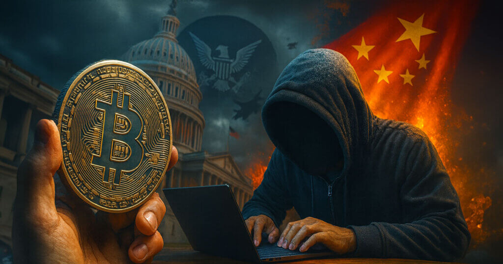 A hooded man furiously types on a laptop as a hand holds a Bitcoin coin with the US Capitol behind him, illustrating the provocative claim of adding Bitcoin to America’s arsenal of weapons.