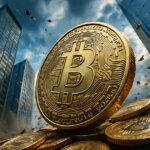 A giant golden Bitcoin coin stands towering among skyscrapers as smaller coins scatter below, symbolizing how Bitcoin ETFs enabled large institutions to dominate the top cryptocurrency asset.