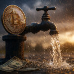 Bitcoin liquidity metaphor showing a large BTC coin attached to a dripping water faucet with cash on the ground during a storm, symbolizing $4.35B outflows, slowing withdrawals, and potential exhaustion of Bitcoin ETF sellers.