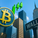 A large Bitcoin symbol and green candlestick chart rise above New York’s financial district near the Wall Street sign, illustrating how US-listed Bitcoin ETFs strengthened institutional dominance in the crypto market.