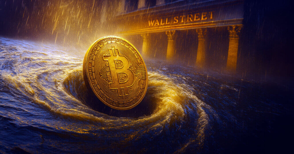 A golden Bitcoin coin sinks into a swirling vortex near Wall Street, symbolizing ETFs and corporate treasuries absorbing 2.57 million BTC as exchange wallets drop below 2.1 million.A golden Bitcoin coin sinks into a swirling vortex near Wall Street, symbolizing ETFs and corporate treasuries absorbing 2.57 million BTC as exchange wallets drop below 2.1 million.