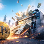 A large golden Bitcoin coin glows on a city street as a malfunctioning money-printing machine explodes with $100 bills, illustrating Bitcoin’s 11% surge after the Federal Reserve quietly restarted a $38 billion liquidity mechanism.