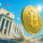 A giant golden Bitcoin coin bursts upward in front of the Federal Reserve building under a bright blue sky, symbolizing crypto markets reacting to the Fed’s $13.5B repo liquidity jump.