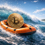 A large Bitcoin coin sits in a small lifeboat amid powerful ocean waves, symbolizing questions over whether crypto’s momentum is still rising or has already peaked.