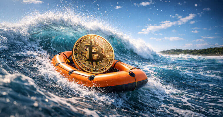 A large Bitcoin coin sits in a small lifeboat amid powerful ocean waves, symbolizing questions over whether crypto’s momentum is still rising or has already peaked.