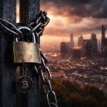 A Bitcoin medallion hanging from a chained padlock on metal gates overlooking a dark city skyline, symbolizing how 100 new crypto ETFs in 2026 could face a single point of failure that risks freezing global assets.