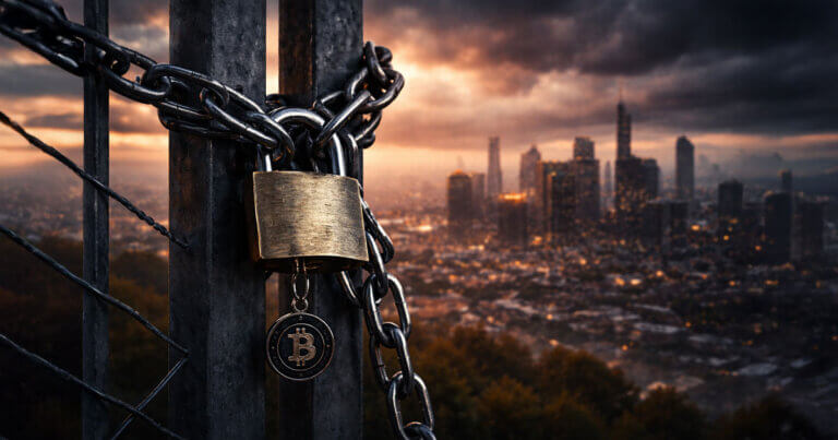 A Bitcoin medallion hanging from a chained padlock on metal gates overlooking a dark city skyline, symbolizing how 100 new crypto ETFs in 2026 could face a single point of failure that risks freezing global assets.