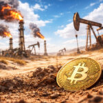 A Bitcoin coin lying in dry, cracked desert soil as oil rigs and burning flare stacks loom in the background, illustrating risks from collapsing oil prices and tightening liquidity.