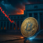 Golden Bitcoin coin cracking the pavement in front of a burning Federal Reserve building with a falling red candlestick chart in the sky, illustrating Bitcoin price stagnation and market fear despite the Fed’s recent interest rate cut.
