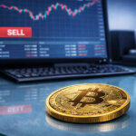 A Bitcoin coin rests on a desk in front of a trading screen showing a sell signal, illustrating how long-term holders are choosing not to sell despite market pressure.