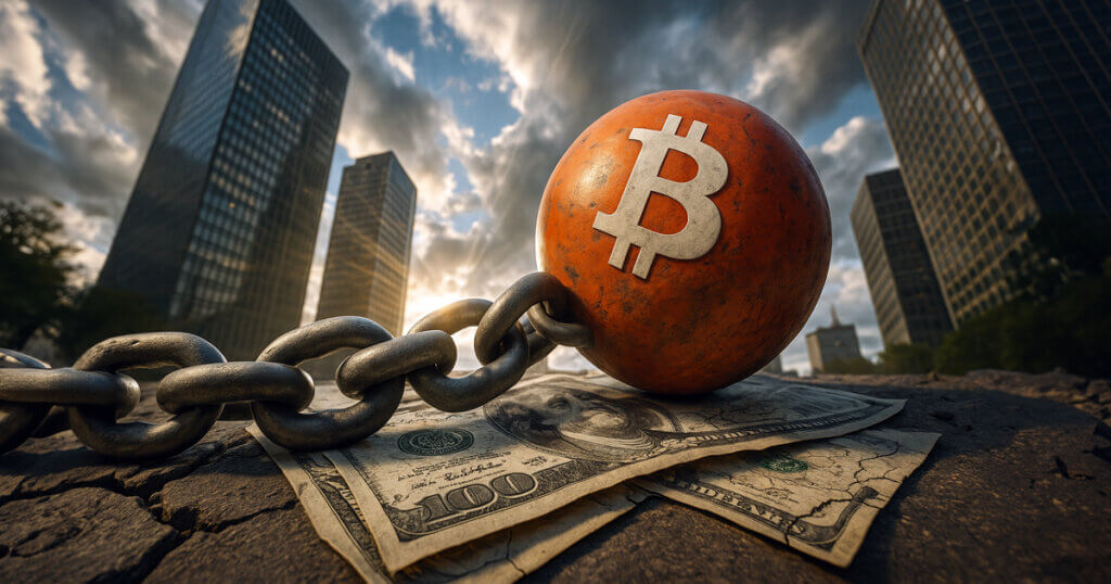 A heavy iron chain attached to a large orange ball marked with the Bitcoin symbol rests on crumpled U.S. hundred-dollar bills in a cityscape, illustrating the debt burden faced by Bitcoin corporate holders.