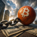 A heavy iron chain attached to a large orange ball marked with the Bitcoin symbol rests on crumpled U.S. hundred-dollar bills in a cityscape, illustrating the debt burden faced by Bitcoin corporate holders.