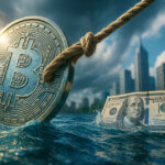 A giant Bitcoin coin tied to a rope drags a floating US $100 bill through rising waters in front of a stormy city skyline, symbolizing what Bitcoin treasury firms need to regain their premiums.