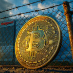 A large gold Bitcoin coin leans against a barbed-wire fence at sunrise with the Vanguard headquarters visible in the background, symbolizing regulatory “soft barriers” despite Bitcoin moving past outright bans.