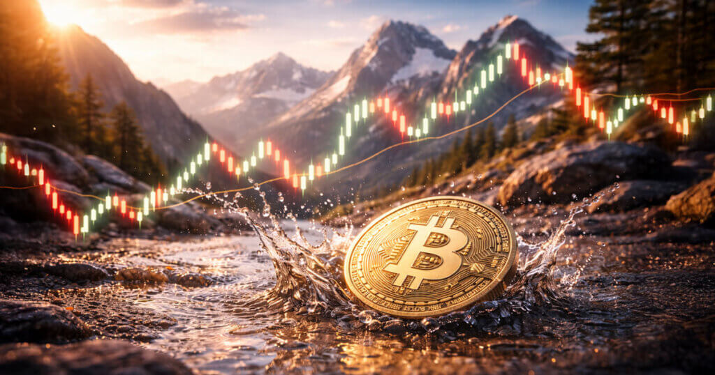 A Bitcoin coin splashes in a mountain stream as a volatile candlestick chart hovers above the landscape, illustrating sharp price swings and sudden stop-hunt moves.