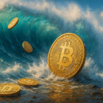 A massive ocean wave crashes as large gold Bitcoin coins tumble through the water, symbolizing the severe outflows and volatility during a wipeout year for U.S. spot Bitcoin ETFs, which saw zero net inflows and a $49B decline since October.