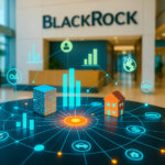A holographic tokenization dashboard showing digital assets, real estate, and financial data visualizations displayed on a table inside BlackRock’s office, illustrating how BlackRock champions asset tokenization while global regulators like the IMF express concerns.