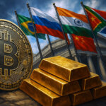 A large Bitcoin coin beside stacked gold bars with BRICS flags and a government-style building, illustrating BRICS carving out $187B as rising real yields challenge Bitcoin’s debasement-hedge narrative.
