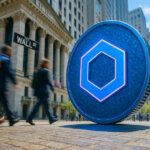 A large blue Chainlink coin stands prominently on Wall Street as blurred businesspeople walk by, symbolizing strong institutional demand and the rising performance of Chainlink ETFs.