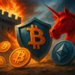 A dramatic scene showing a fiery castle tower, a protective Bitcoin shield, multiple Bitcoin coins, a red unicorn, and an Ethereum shield—illustrating Citadel’s demand that DeFi protocols register as exchanges and Uniswap’s founder pushing back.