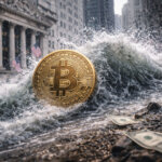 A huge wave crashes through Wall Street as a giant Bitcoin coin stands in the surge, symbolizing how ETF outflow panic contrasted with $46.7B flowing into crypto in 2025.