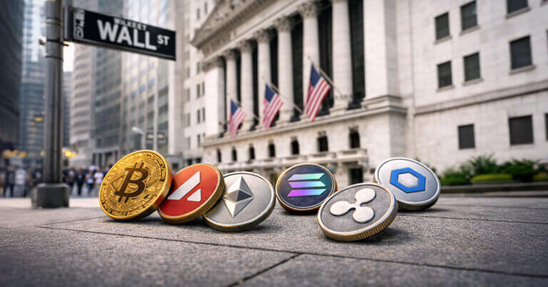 Cryptocurrency coins like Bitcoin, Ethereum, Solana, Avalanche, XRP, and Chainlink displayed on Wall Street, symbolizing growing momentum for 2026 crypto index ETFs.