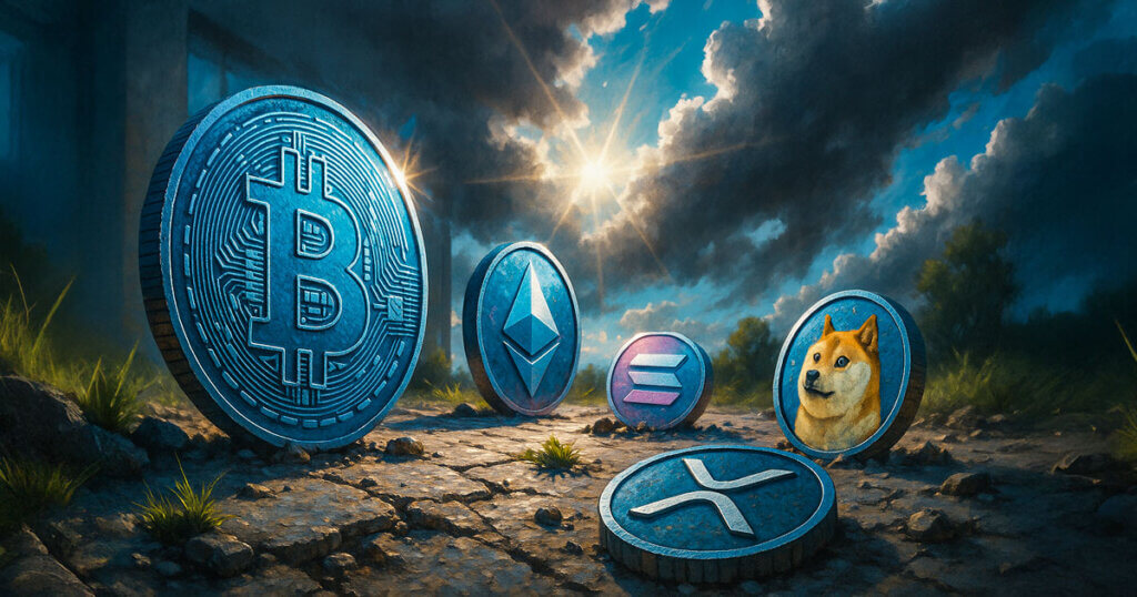 Oversized Bitcoin, Ethereum, Solana, Dogecoin, and XRP coins under dramatic skies, symbolizing the crypto market adding $150 billion in 24 hours and a broad-based rally.