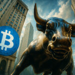 A towering Wall Street bull statue faces a large blue Bitcoin symbol amid skyscrapers, highlighting the debate over on-chain metrics, market liquidity, and whether Bitcoin is entering a potential bear cycle.
