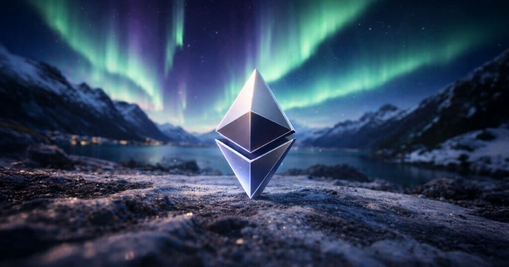 A metallic Ethereum symbol stands on icy ground under glowing northern lights, reflecting the leap to real-time zkEVM proving as the 128-bit security race begins.