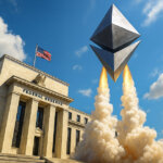 A giant Ethereum logo blasts off like a rocket in front of the U.S. Federal Reserve building under a bright blue sky, symbolizing Ethereum’s bullish trajectory taking flight amid the Fed’s strategic easing.