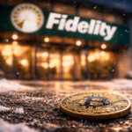 Bitcoin coin on a snowy sidewalk outside Fidelity’s headquarters, reflecting concern over the firm’s chart pattern signaling a potential 2026 off-year and deeper support levels.