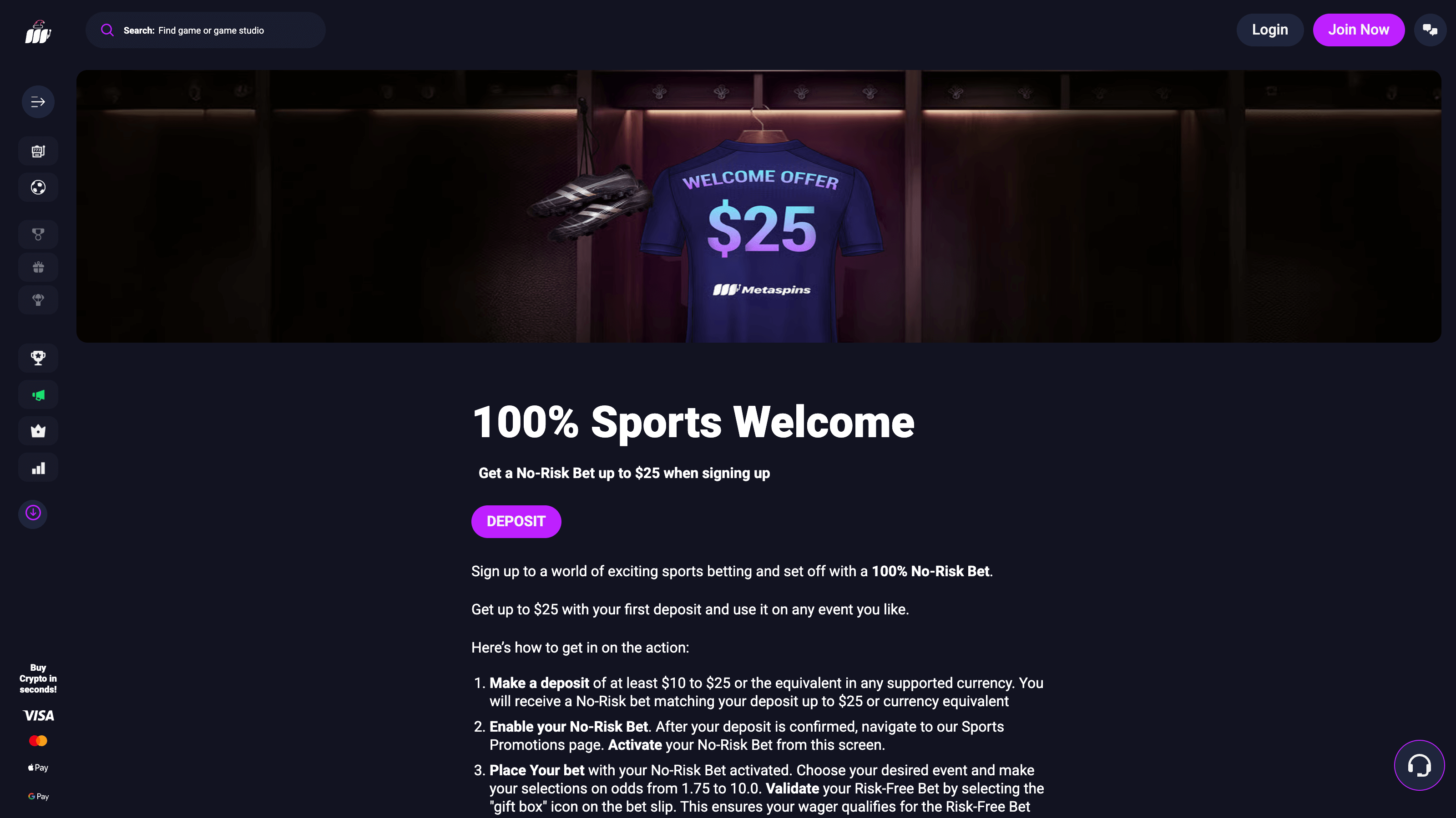 Metaspins 100% sports welcome bonus page showing a $25 no-risk bet offer and deposit instructions