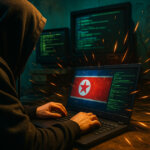 A hooded North Korean hacker works on a laptop displaying the North Korea flag as a tactical police officer approaches from behind in a dark cybercrime hideout filled with glowing code monitors.