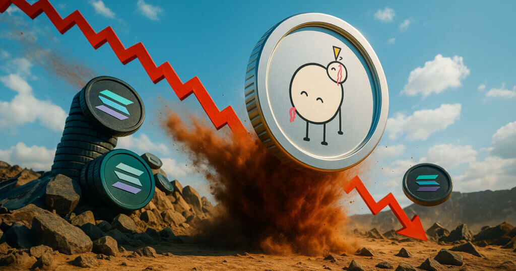 A dramatic scene showing Solana memecoins collapsing as a PIPPIN token surges upward against a falling red price chart, symbolizing why PIPPIN’s rally stands out in Solana’s declining memecoin market