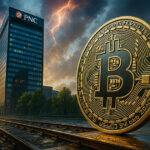 A giant Bitcoin coin on railroad tracks in front of a PNC skyscraper under stormy skies, symbolizing how PNC is building a true banking rail for Bitcoin adoption.