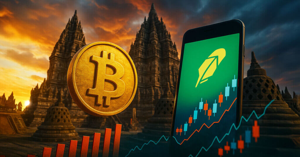 Golden Bitcoin coin and Robinhood trading app with rising candlestick chart in front of Indonesian temple at sunset, symbolizing Indonesia’s 19M investors and 17M crypto traders as the real growth test for Robinhood.