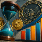 Hourglass with “tokenization” and dollar coins beside a rising stock chart in front of the SEC building, symbolizing how a new SEC approval is ending the traditional 3-day wait to settle stock trades through faster, tokenized markets.