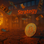 Bitcoin coin on cracked ground with dollar bills flying in a storm outside a building labeled “Strategy,” symbolizing MicroStrategy’s contingency plan to sell Bitcoin while establishing a $1.4B cash reserve.