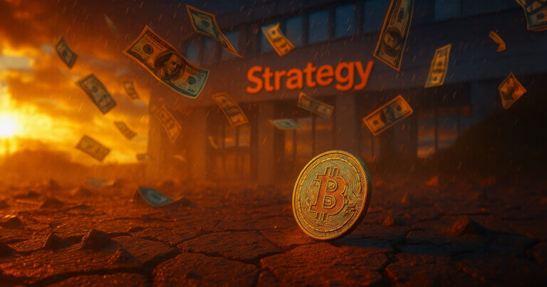 Bitcoin coin on cracked ground with dollar bills flying in a storm outside a building labeled “Strategy,” symbolizing MicroStrategy’s contingency plan to sell Bitcoin while establishing a $1.4B cash reserve.