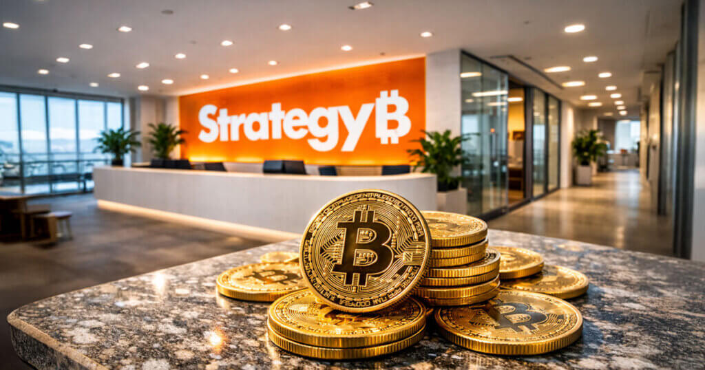 Stacks of Bitcoin coins sit on a counter inside Strategy’s office as the company’s branding glows in the background, reflecting its 2025 accumulation despite a sharp stock decline.