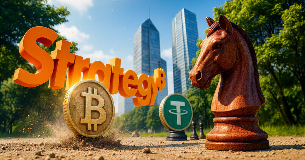 A dynamic crypto-themed chess scene showing a Bitcoin coin and Tether token positioned as strategic pieces against a large wooden knight, symbolizing competition in the Bitcoin lending market.